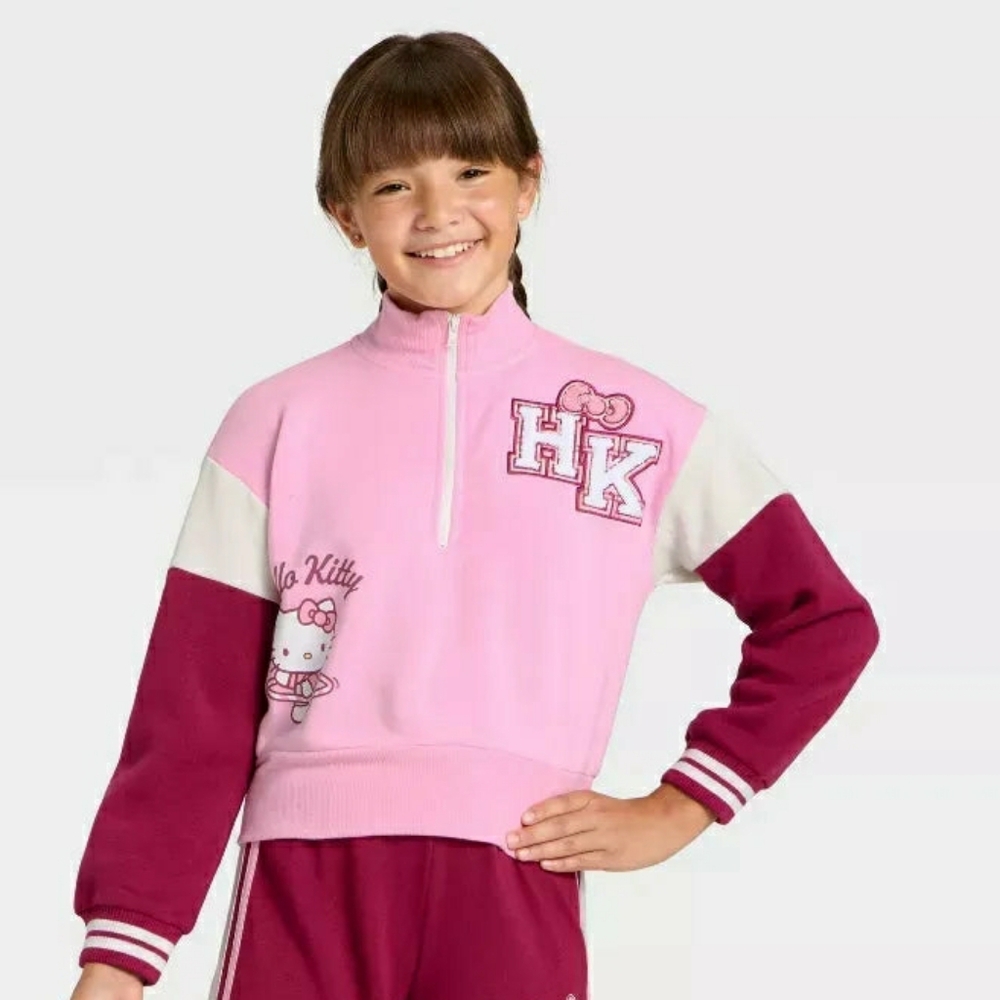 Hello Kitty Girls Quarter-Zip Fleece Varsity Sweatshirt